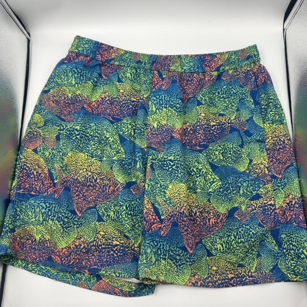 Googan Squad Men's 6" Neon Multicolor Fish Print Lined Swim Trunks